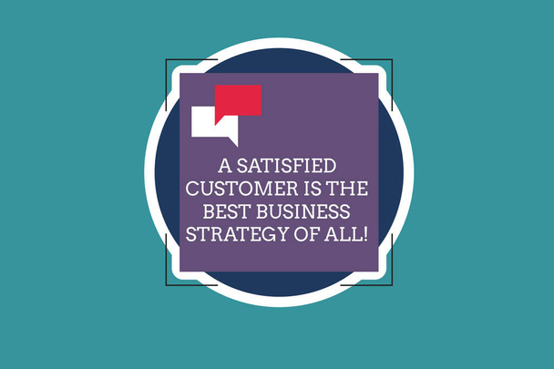 Text sign showing A Satisfied Customer Is The Best Business Strategy Of All. Conceptual photo Good Service Two Empty Speech Bubble Overlapping on Blank Square Shape above a Circle. - Photo, Image