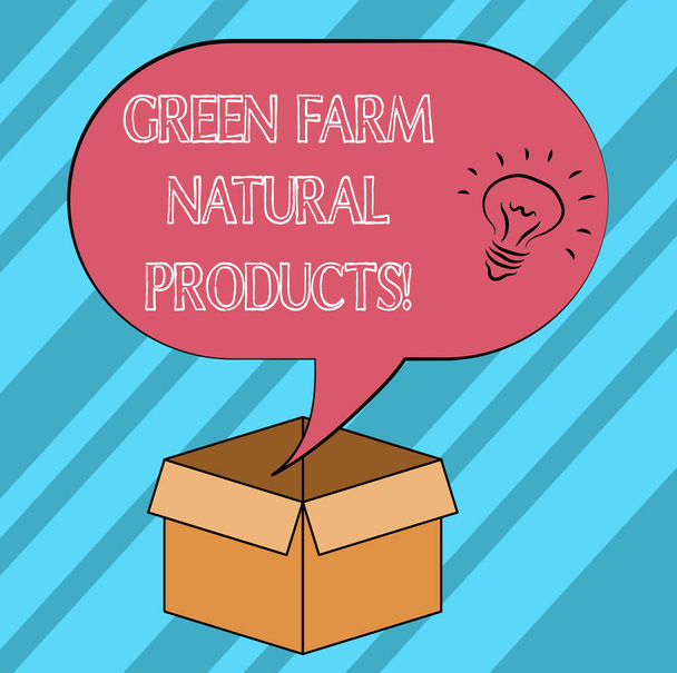 Wyświetlono produkty naturalne Green Farm znak tekstu. Koncepcyjne zdjęcie środowisko naturalne działalności rolniczej pomysł ikona wewnątrz puste półtonów mowy Bańka na otwarte pudełko kartonowe. - Zdjęcie, obraz