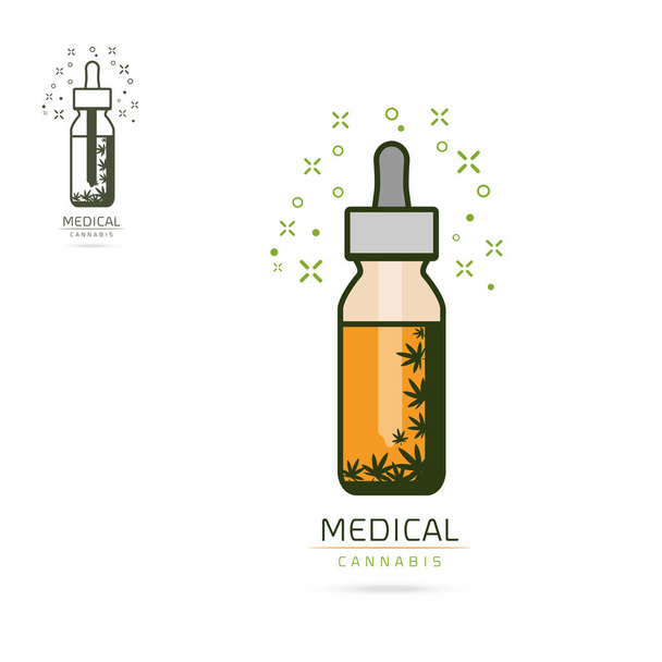 Het aantal glazen fles met hennep olie. Mock up van cannabis olie extracten in potten. Medische marihuana logo pictogrammalplaatje op het etiket. Vectorillustratie - Vector, afbeelding