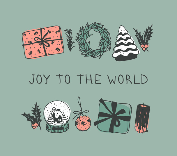 Hand drawn Christmas toys and things on green background. Creative ink art work. Actual vector doodle drawing and text JOY TO THE WORLD - Vektor, Bild