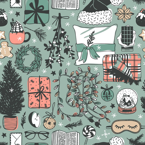 Hand drawn Christmas and New Year illustration. Creative ink art work. Actual cozy vector seamless pattern. Winter set of Holidays things, accessories, decoration, food, drinks - Vector, Image