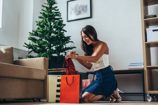 Christmas holiday happy woman with shopping bags at home. New Year - 写真・画像