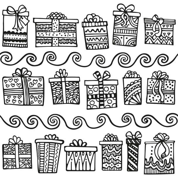 Modèle sans couture dessiné à la main pour Noël, Nouvel An ou anniversaire sur un fond blanc avec des boîtes-cadeaux. Ensemble festif
. - Vecteur, image
