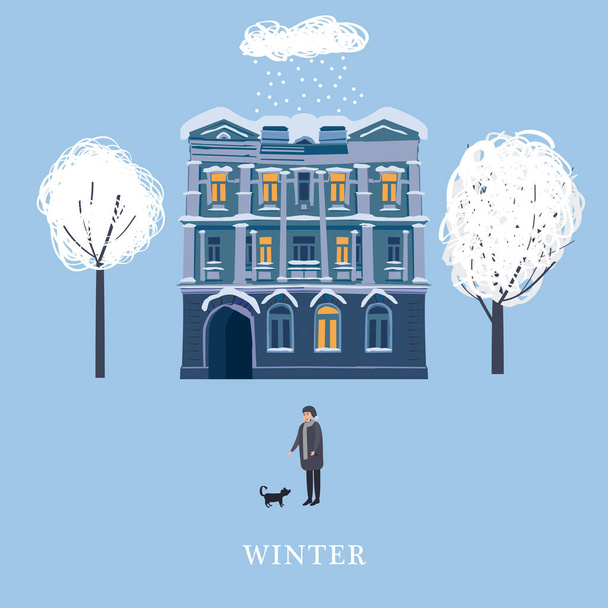 Winter, das Haus der Altstadt, ein Charaktermann geht mit dem Hund spazieren, schneebedeckte Bäume. Vorlage für Buchcover, Magazin, Artikel, Blog. Vektor, Illustration, isoliert, Vorlage, Plakat, Banner - Vektor, Bild