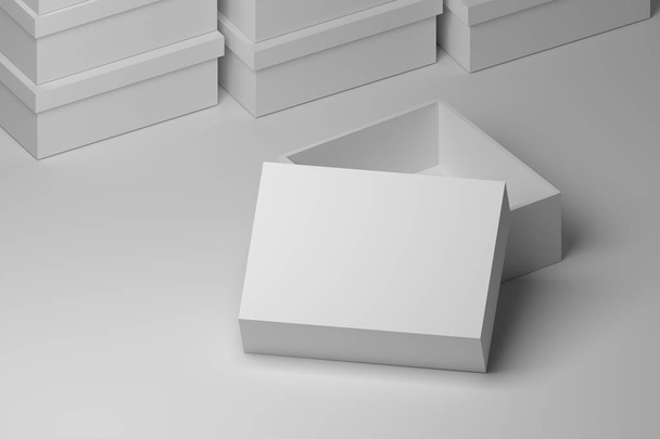 Pure white opened packaging box standing on the table with stacked boxes on the background. Image for mock up with copy blank space or text and design. 3d illustration. - Photo, Image