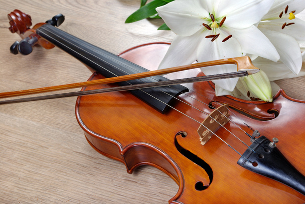 violin and lily on a wooden background - Photo, Image