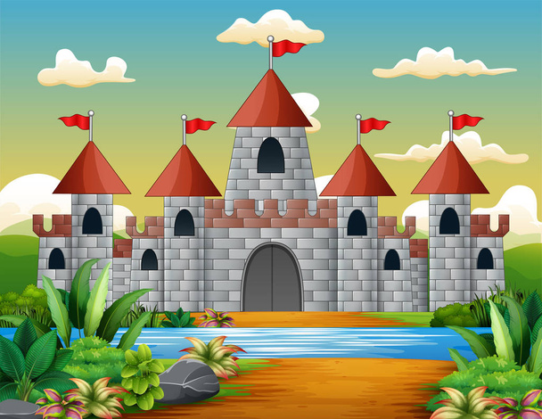 Карикатура на сказочный замок с красивым пейзажем
 - Вектор,изображение
