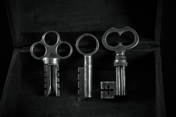 Old metal keys. Retro style. Black white photo - Photo, Image