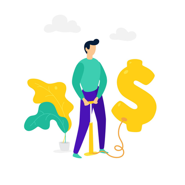A man inflates a dollar balloon with a pump. Vector. Money mark Bubble in the foreign exchange market. Metaphor. The rise of the American dollar. The bubble in the investment market. - Vector, Image