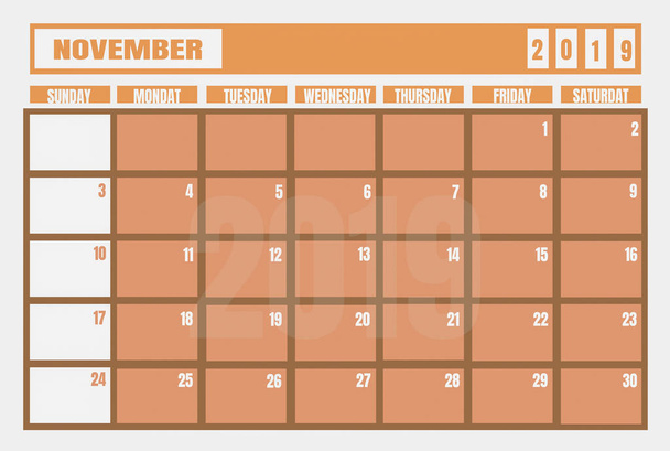 Calendario 2019 Noviembre año y planificador para la planificación de tareas y cosas. Concepto contemporáneo y sencillo de color rosa y pastel
 - Foto, imagen