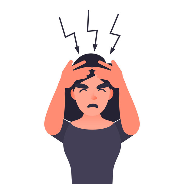 Turhautunut nainen, jolla on päänsärky. Sarjakuva naishahmo migreeni. Nuori tyttö painamalla käsi otsaansa - Valokuva, kuva