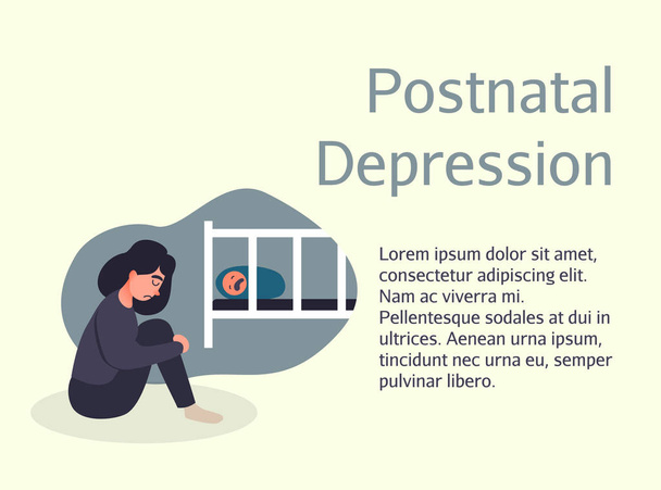 Posztnatális depresszió plakát szórólap design. Depressziós fiatal nő. A fiatal, fáradt anya nem való egy síró babának, és bűntudata van. Lapos illusztráció - Fotó, kép