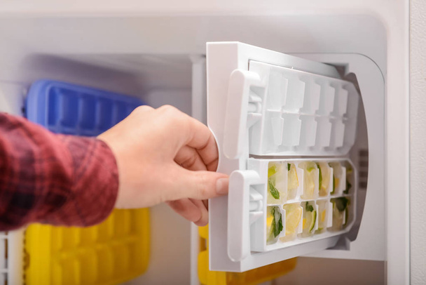 Femme mettant le plateau avec des agrumes congelés dans des glaçons au réfrigérateur
 - Photo, image