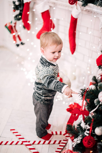 Genç bir çocuğun Noel portresi şöminenin ve Noel ağacının etrafında rahat bir atmosfer. - Fotoğraf, Görsel