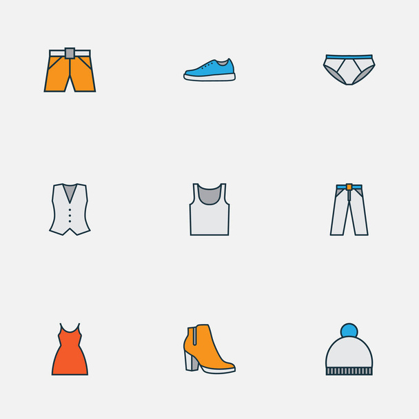 Garment icons colored line set with underpants, waistcoat, gown and other panties elements. Isolated vector illustration garment icons. - Vector, Image