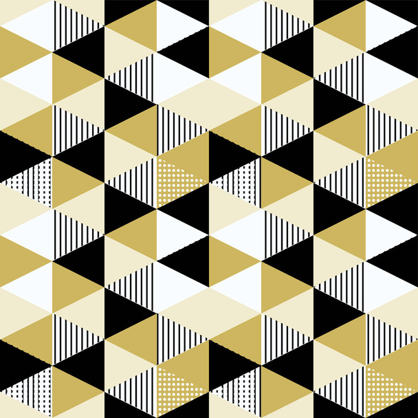 Triangle pattern with seamless black and gold colors. Trendy 90s memphis retro vintage style vector illustration. - Вектор,изображение