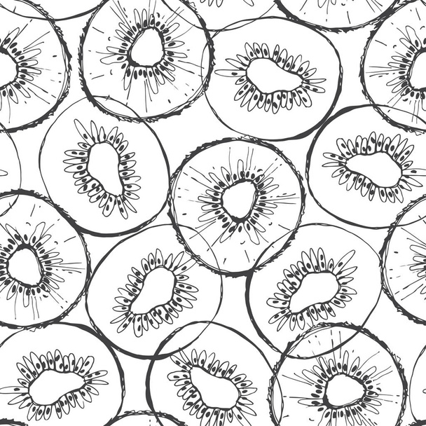 Seamless monochrome pattern with hand-drawn kiwi fruit on white background - Vector, Image