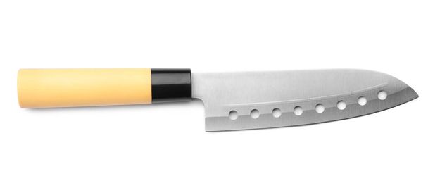 Нож с пластиковой ручкой на белом фоне
 - Фото, изображение