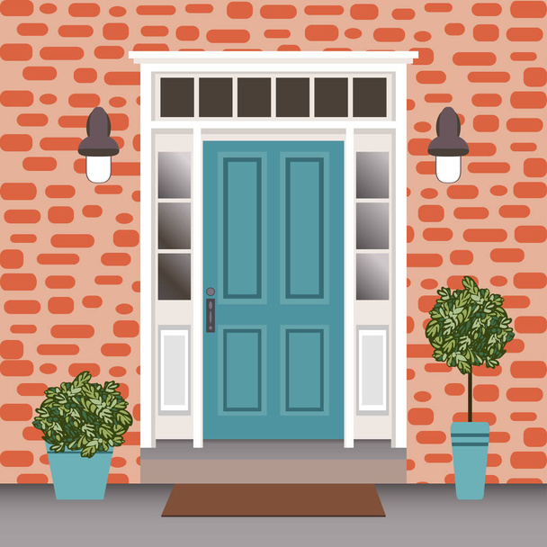 Входная дверь дома с дверью и ступеньками, окно, лампы, цветы, вход фасад здания, внешний дизайн иллюстрации вектор в плоском стиле
 - Вектор,изображение