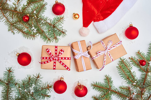 flat lay with christmas presents and beautiful decoration on background - Zdjęcie, obraz