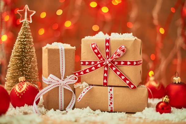 selective focus of christmas presents and beautiful decoration on background - Foto, imagen