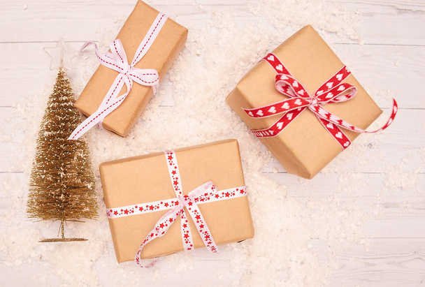 top view of christmas presents and beautiful decoration on background - Photo, Image