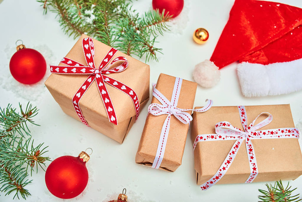 flat lay with christmas presents and beautiful decoration on background - Fotoğraf, Görsel