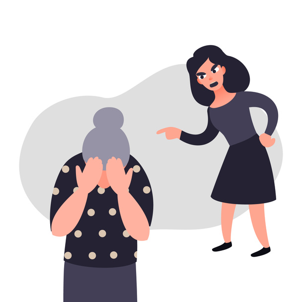 Family violence and aggression concept. Aggressive woman scream at a scared elderly woman. Senior female crying covering her face. Stop domesic abuse - Photo, Image