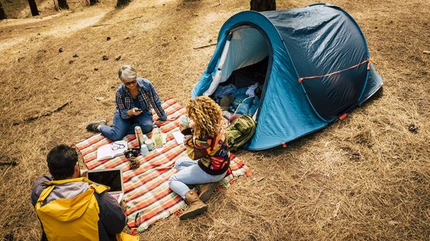 Mensen genieten van gratis kamperen in het dennenbos met behulp van technologie laptop en mobiele telefoon en ontspannen van de stress samenleving - Foto, afbeelding