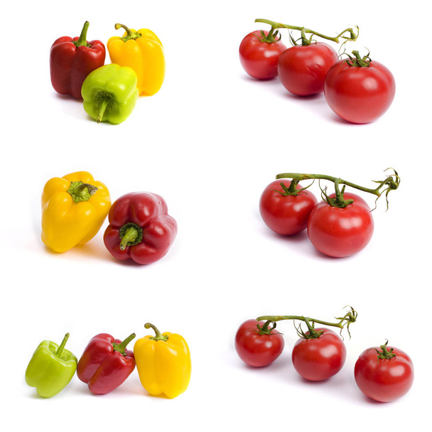 Tomatoes and sweet peppers on a white background. Red and yellow peppers on a white background. Tomatoes with colorful peppers in the composition. - Foto, imagen