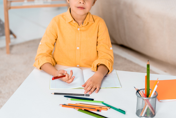 cropped shot of boy holding pen and studying at home - Foto, Imagen