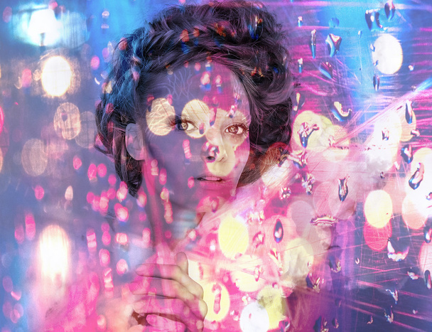 Romantic beauty with magnificent hair wandering in clouds. Digital painted multicolored pop art portrait. - 写真・画像