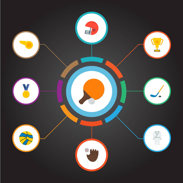 Набор фитнес-иконок с плоским стилем символов со свистом, мячом, шлемом и другими иконками для дизайна логотипа вашего веб-мобильного приложения
. - Фото, изображение