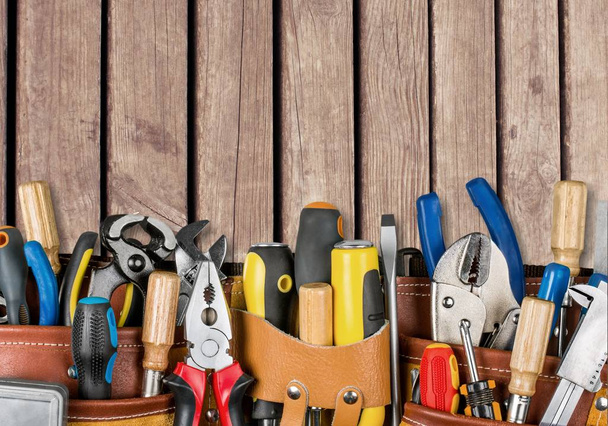 Tool belt with tools, close-up view - Φωτογραφία, εικόνα
