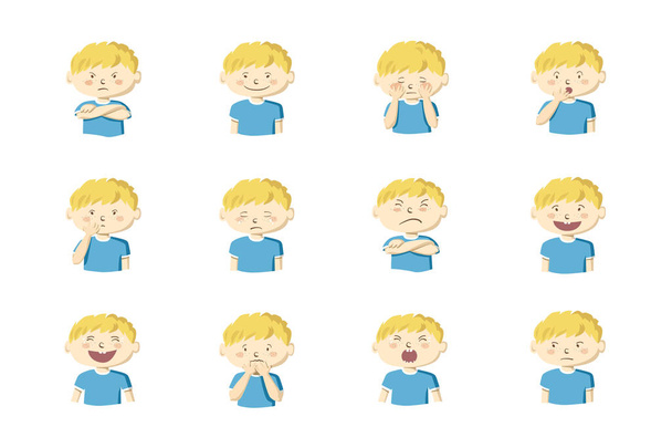 Μικρό αγόρι δείχνει διαφορετικά συναισθήματα. Συλλογή από 12 το χέρι συντάσσονται πολύχρωμες εικονογραφήσεις που απομονώνονται σε λευκό φόντο - Διάνυσμα, εικόνα