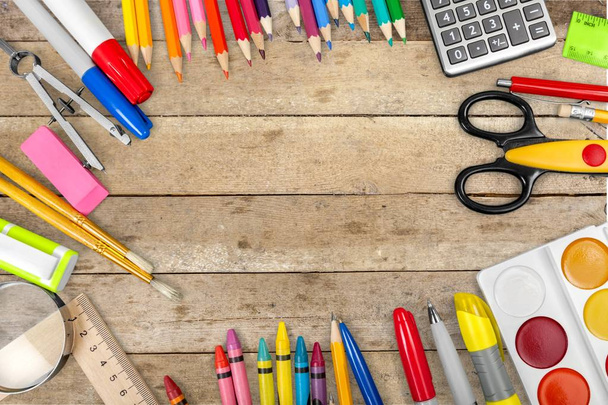 Colorful school stationery composition, back to school background - Фото, изображение