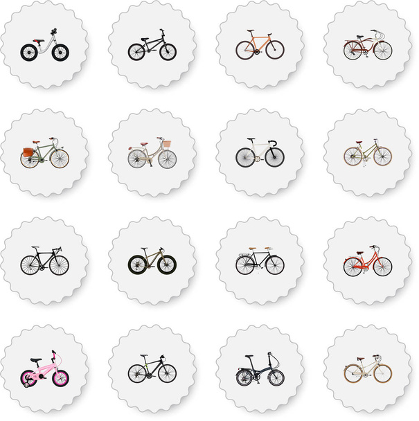 Conjunto de símbolos realistas de bicicleta con vehículo de entrenamiento, niños, iconos elegantes y otros para el diseño del logotipo de su aplicación móvil web
. - Foto, Imagen