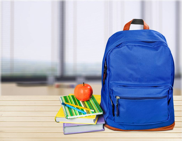 School Backpack with stationery, back to school background  - Foto, afbeelding