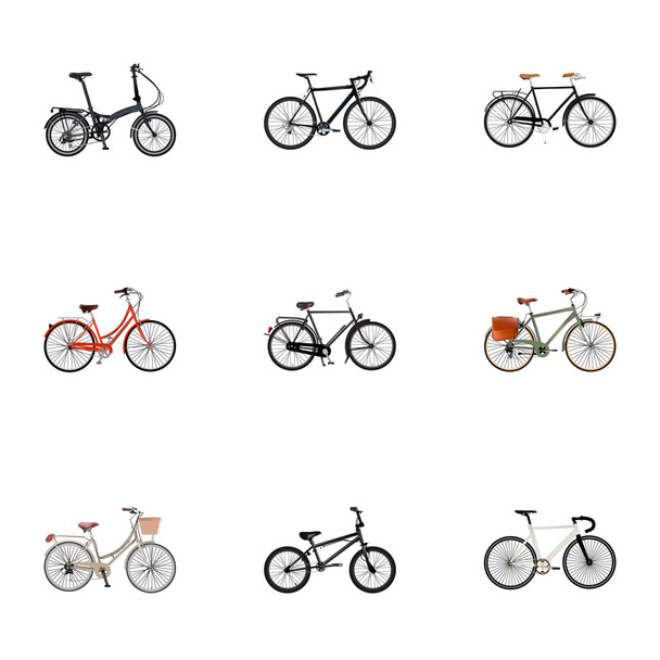 Set di simboli realistici di trasporto con velocipede olandese, ruota fitness, vintage e altre icone per il design del logo della tua app mobile web
. - Vettoriali, immagini