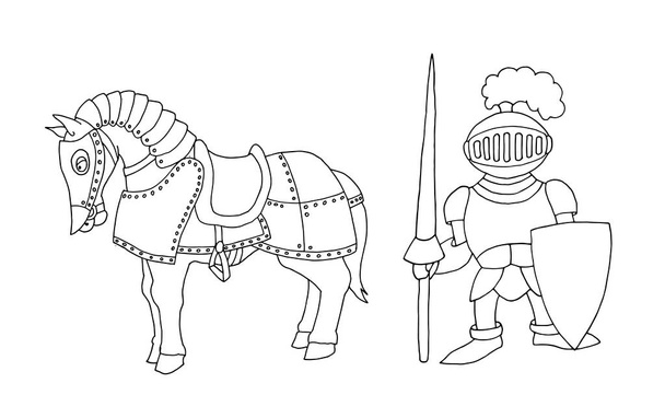 Kleurplaat van cartoon middeleeuwse ridder klaarmaken voor Ridder toernooi - Vector, afbeelding