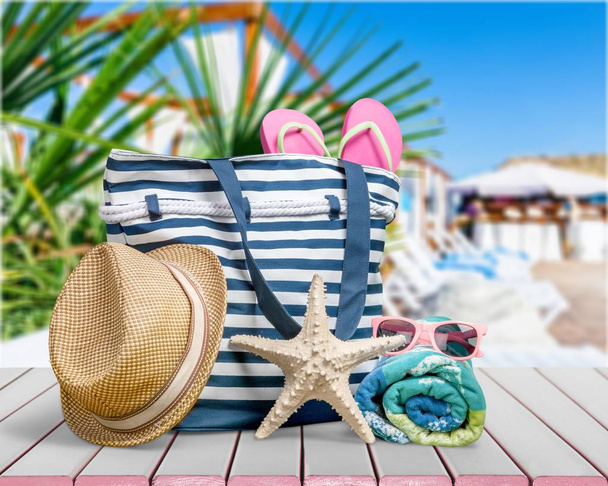Beach bag with beach accessories, summer vacation concept - Photo, Image