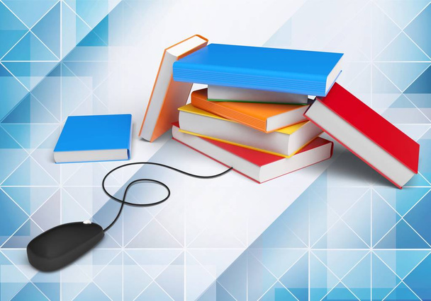 Στοίβα βιβλίων και ποντικιού υπολογιστή, φιλοσοφία σύγχρονης εκπαίδευσης - Φωτογραφία, εικόνα