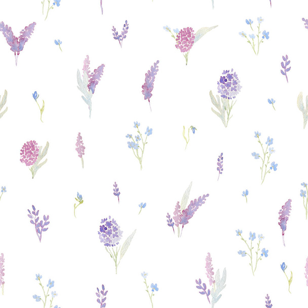Gentle seamless pattern with pink and purple hydrangea and forget me not flowers. Romantic garden flowers. Watercolor illustration - Fotografie, Obrázek