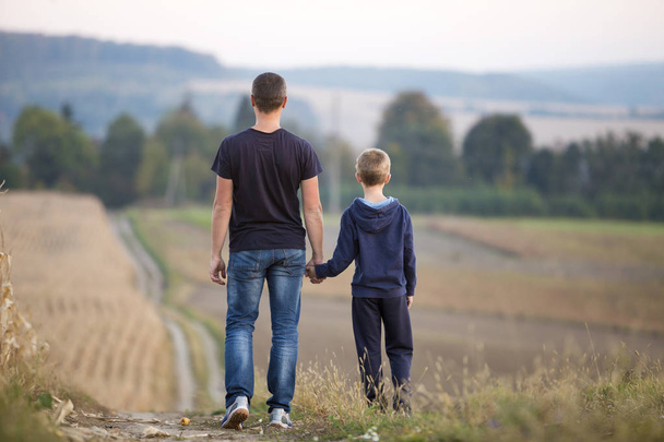 Back view of young father and son walking together holding hands by grassy field on blurred foggy green trees and blue sky background. Active lifestyle, family relations, weekend activity concept. - Foto, afbeelding