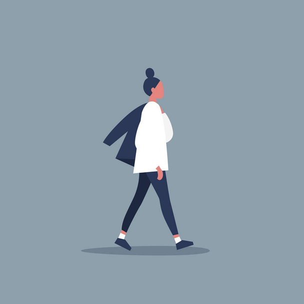 Young female modern character walking with jacket over shoulder. Lifestyle. Flat editable vector illustration, clip art - Vector, Image