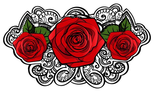 葉とトレーサリー落書きと美しい赤いバラの組成物、白に隔離された黒いアウトラインアート。ベクトルイラストレーション - ベクター画像