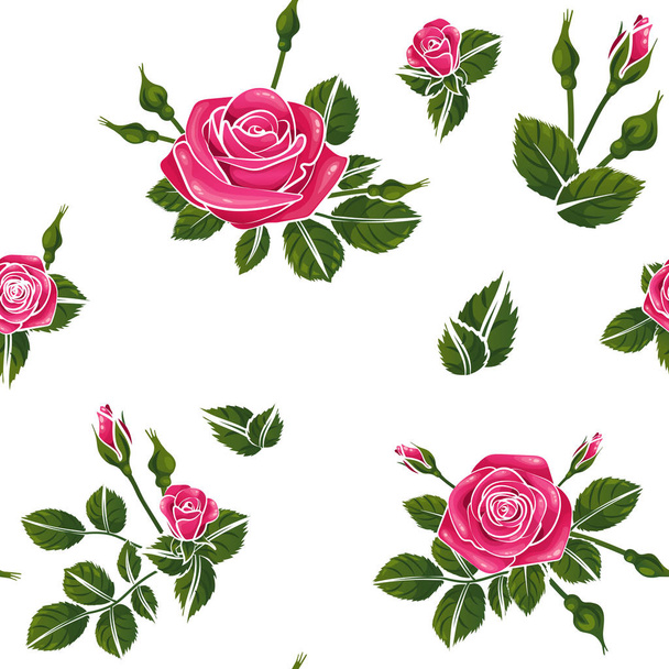 ροζ λουλούδι τριαντάφυλλο μοτίβο σε λευκό φόντο, χωρίς ραφές διάνυσμα εικόνα, μπουμπούκια φύλλα ρομαντική ημέρα του Αγίου Βαλεντίνου της αγάπης - Διάνυσμα, εικόνα