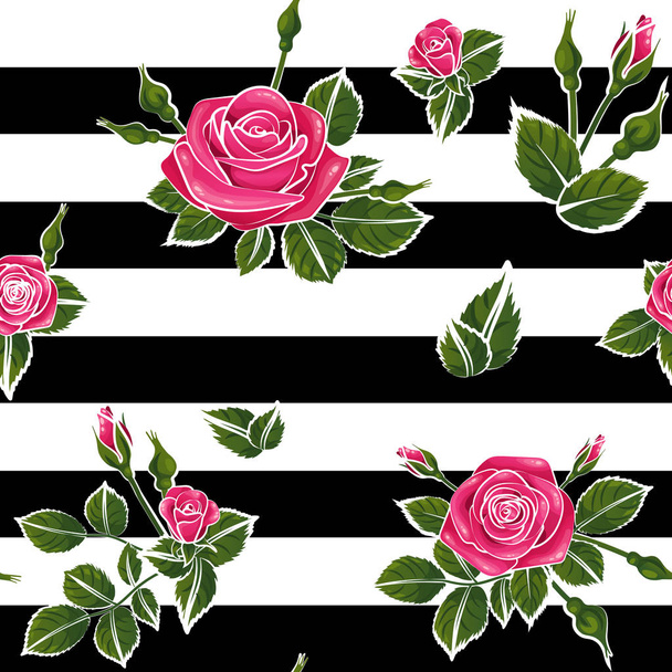 red roses pattern seamless stripes with green leafs black and white lines, vector repeat tile - Vector, Image
