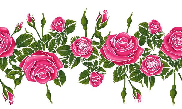 rosa Rosen Blume Silhouette horizontal Muster Spitzenband Rand, nahtlose wiederholbare Fliese - Vektor, Bild