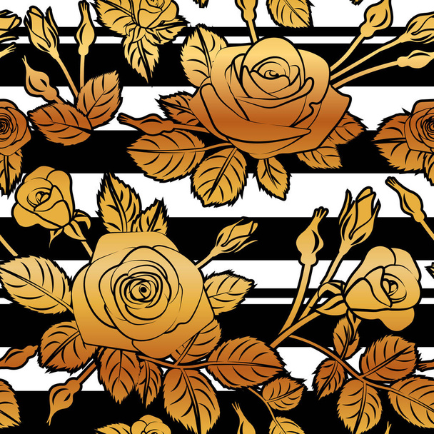 golden roses on black white stripes pattern, grunge style print textile fabric - Vector, Image